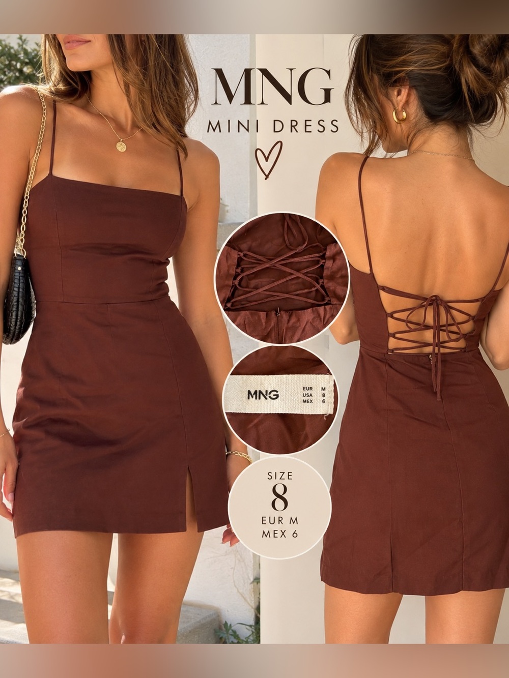 MNG Mango Brown Lace-Up Back Mini Dress Size 8